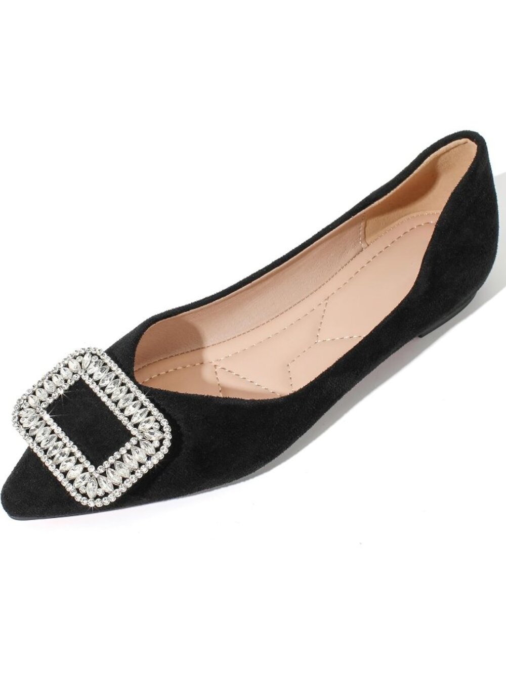 Women's Black Suede Pointed Toe Rhinestone Ballet Flat Slip On Party Dress Shoes